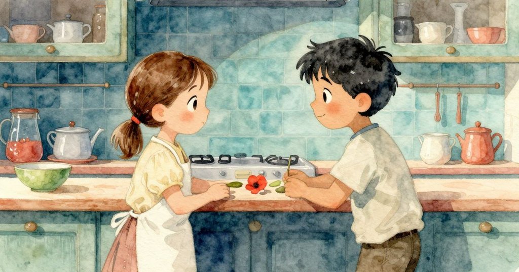 Poppy與Stellan在廚房中彼此交換微笑與謹慎，目光交會流露出默契理解，氣氛溫暖安靜