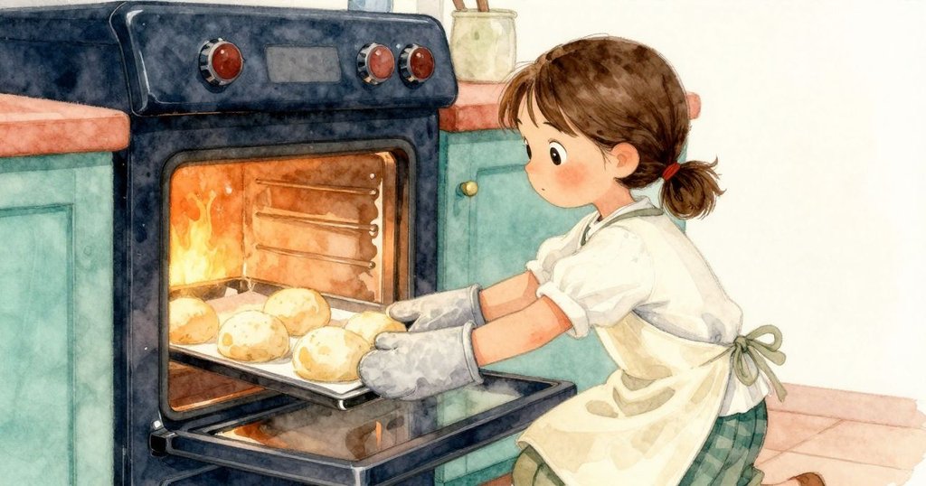 Poppy專心將刻痕麵糰放入暖光烤箱，旁邊泡沫罐靜靜冒泡，展現溫馨家常烘焙結局