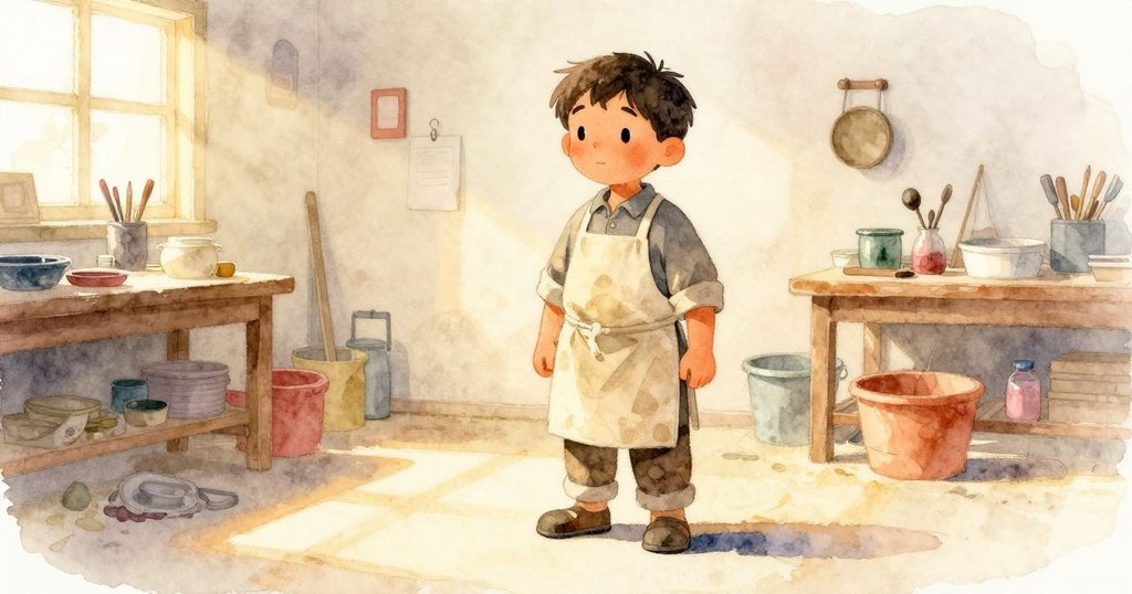 凱斯特在工作室靜靜站著，用乾淨布擦手，背景中有舊木架與溫暖光線，神情沉思