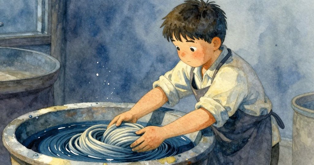 凱斯特正用木夾夾取浸在藍色染液中的布料，水滴閃爍於光線中，動作專注而謹慎