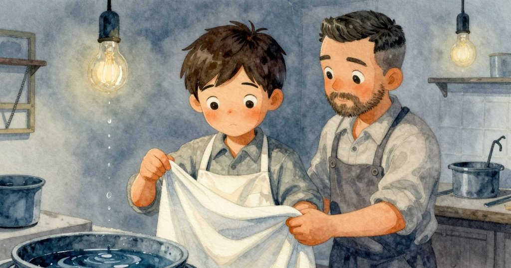 從凱斯特視角看見同伴懷亞特整理袖口與鬍鬚，布料慢慢被提起，染液水滴在空中盤旋