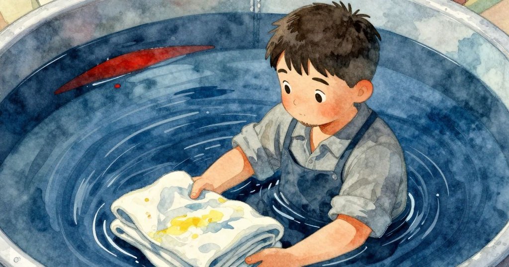 從水下視角看見布料浸在藍色染液中，染液中有明亮薑黃色斑點，光線柔和穿透水面