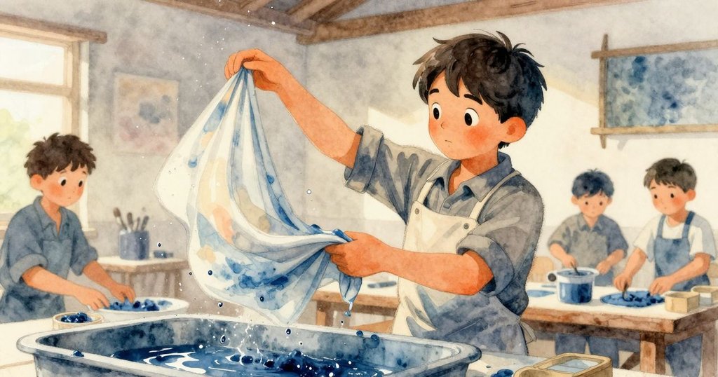 在動態場景中，凱斯特專注拉起布料，水滴在空中飛舞，工作室充滿急促與興奮的氣氛