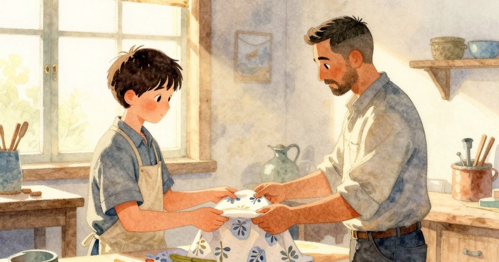 凱斯特將印有薑黃色斜紋的布料遞給懷亞特，兩人站在充滿柔和陽光的工作室，彼此交換默契的目光