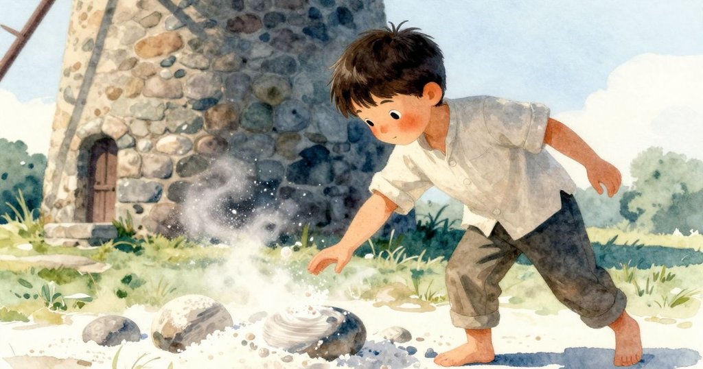 Zane 在石磨中用手指輕觸麵粉, 麵粉飄散, 燦爛陽光灑落, 畫面略有傾斜, 呈現出神秘感