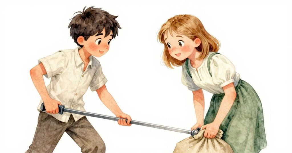 Darla 停下舉起麵粉袋, Zane 努力固定槓桿, 表情凝重, 畫面充滿張力與細膩光影