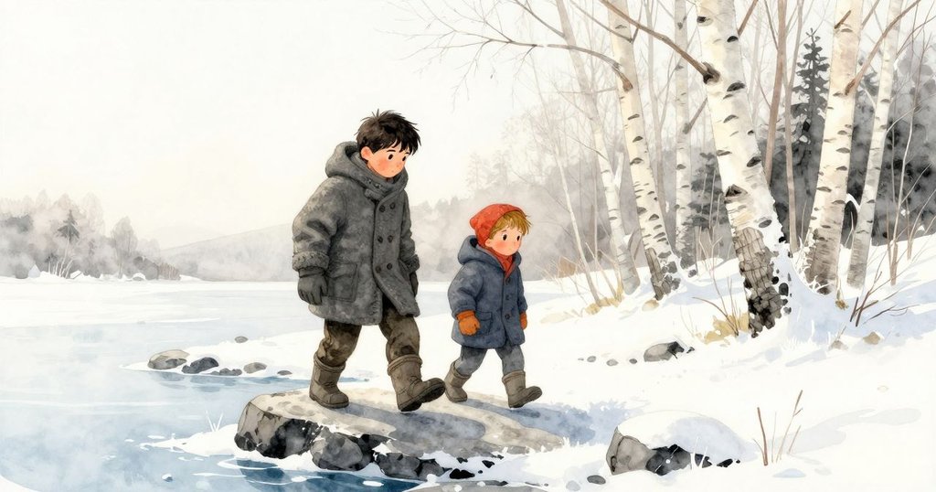 Reese 穿著厚外套，行走在冰雪覆蓋的湖邊，背景有樺樹與岩石，面帶堅定神情，呈現寧靜清晨景致