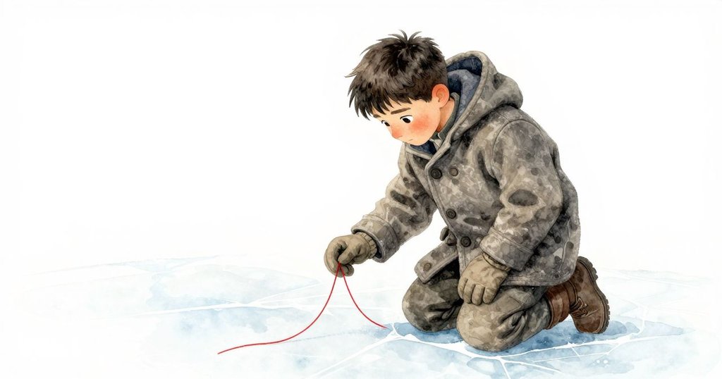 Reese 膝跪於平滑冰面上，用手指輕觸一條鮮紅線，背景空曠，透出探索與好奇的氣氛