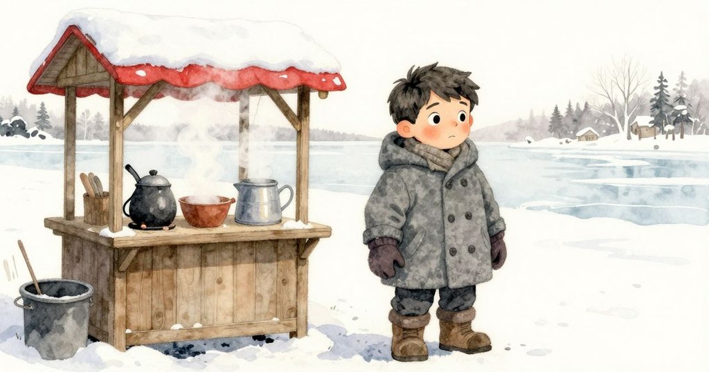 Reese 站在湖邊小攤旁，靠近冒著蒸氣的可可壺，冬日雪花輕飄，背景有樺樹與冰面，情景溫馨寧靜