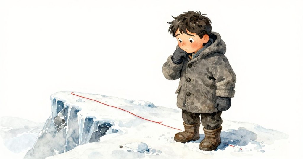 Reese 停下腳步，站在冰面堅硬雪堊前，凝視著引領他的紅線，展現慎重思考與決定瞬間