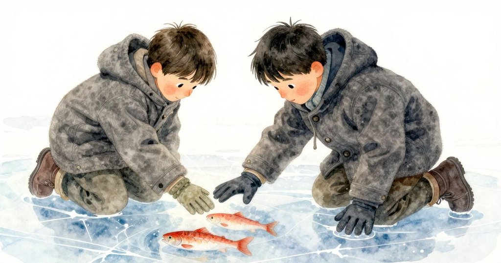 Reese 輕觸冰面，冰下紅線魚隱約可見，廣闊冬季景致中陽光柔和灑落，展現寧靜溫暖的結局