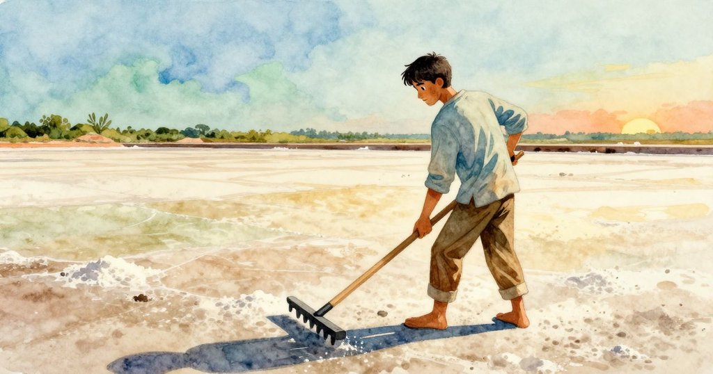 多利安在鹽田中揮動木耙開始工作，壯闊背景下鹽晶閃爍，面帶堅毅神情，展現專注與活力