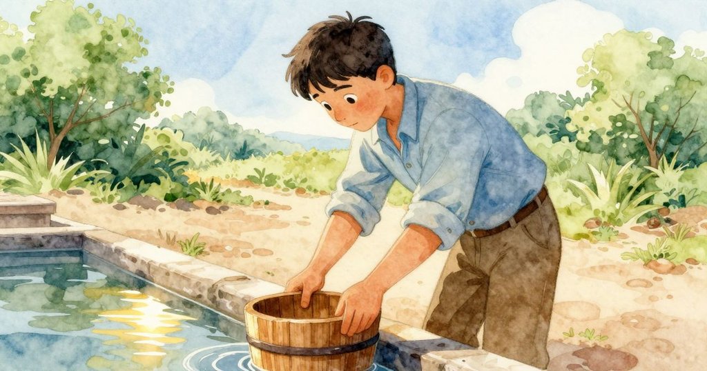 多利安專注操作木桶提取鹽水，陽光下桶繩閃光，動作穩健且充滿細膩感