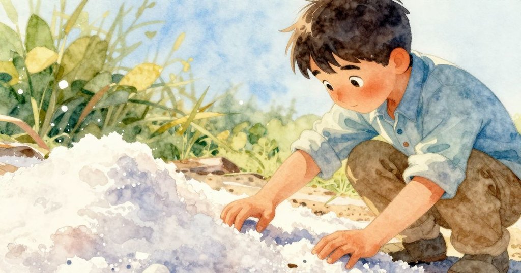 多利安蹲下細看鹽面風刻痕跡，手指輕觸濕潤晶體，神情中充滿疑惑與探究之意