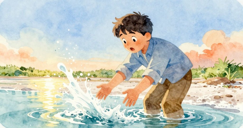 多利安驚訝注視著鹽田中突如其來的水流，完美晶體被沖毀，動作中充滿意外與緊張