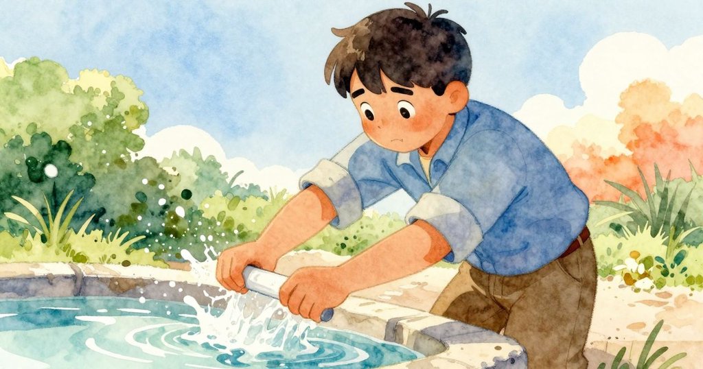 多利安緊張迅速地操作木桶，多次舀取湧動海水，眼中流露堅定與急促，場景充滿動感