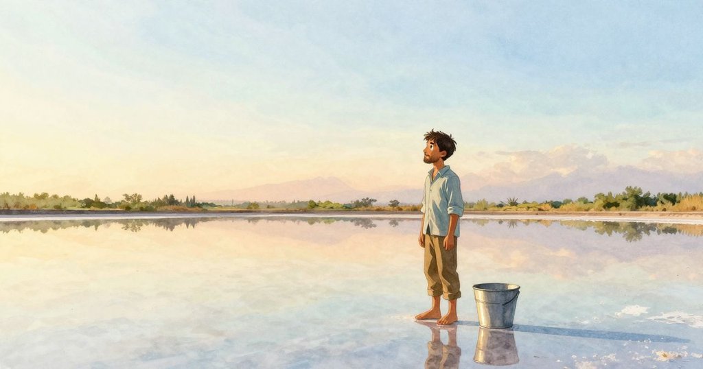 多利安在寧靜鹽田中短暫休息，桶和耙子靜置一旁，午後陽光柔和映照，神情平和而深思