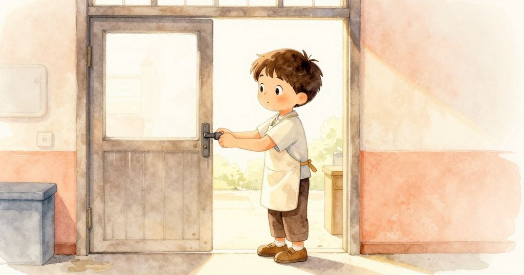 班恩在晨曦中解鎖修理店門,溫暖油味和微光環繞,展現期待與新日開始的活力