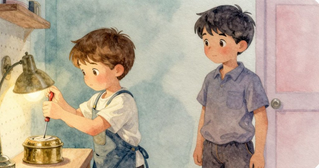 班恩伸手取下釘板上細長螺絲刀,燈光柔和映照下音樂盒靜待修復,動作專注細膩