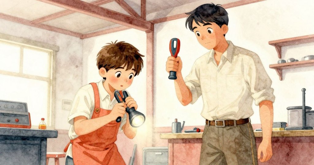 班恩與格倫低角度合作,班恩專注調整工具,格倫用手電筒照亮音樂盒齒輪,展現團隊默契