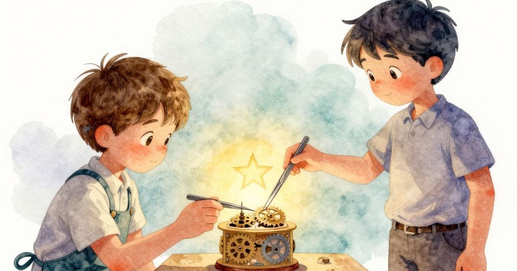 班恩用鑷子小心夾取隱藏於齒輪中的紙星,溫暖燈光下細節清晰,動作精確兼展驚喜