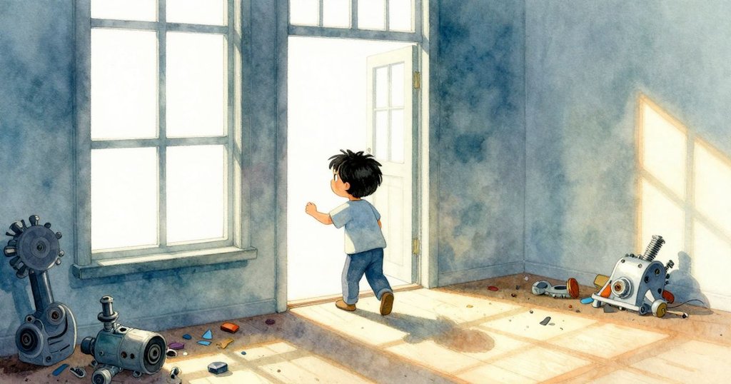 班恩走進充滿陽光的房間，透過高大窗戶見到桌上散落的機械零件，臉上帶著好奇與期待。