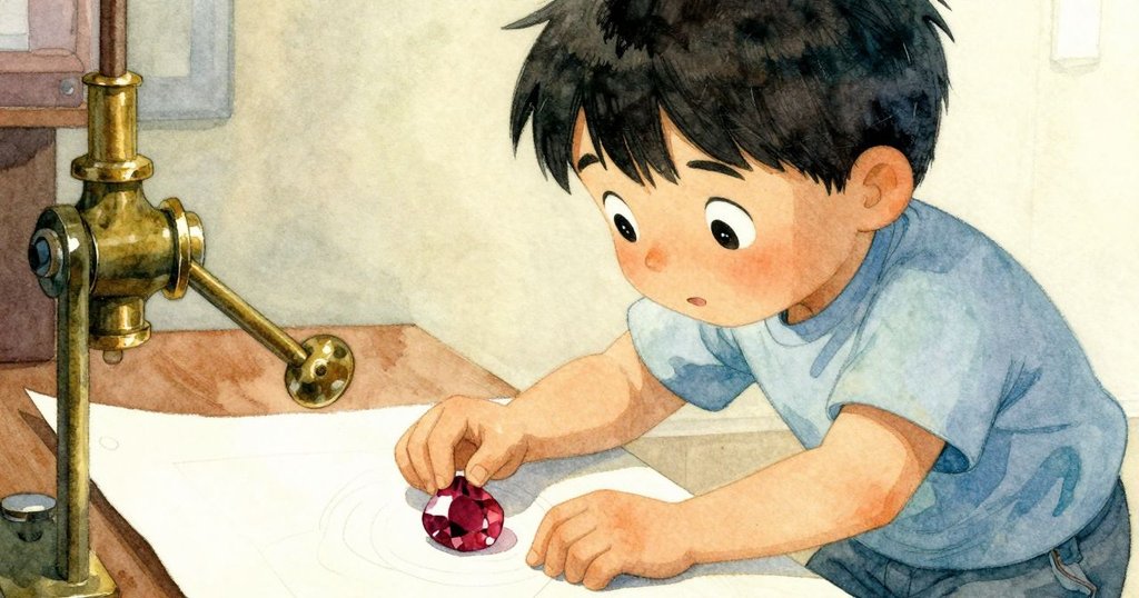 班恩專注地檢視桌上紅寶石碎片與紙張上的機械杠杆，溫暖燈光下細節清晰，動作細緻。