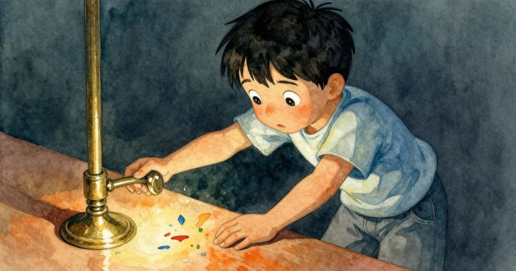 班恩從俯斜角度觀察杠杆傾斜露出鋼片，桌上彩色碎片隨動作起伏，動態畫面細節豐富。