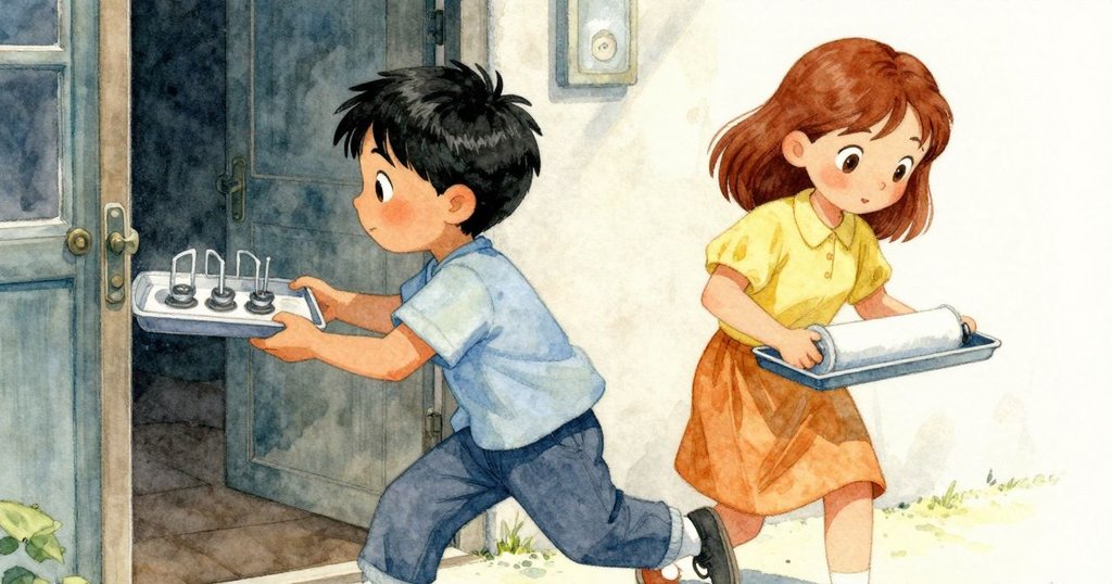 柯拉在桌邊操作時，一捲焊錫從托盤滑落並滾向門口，班恩急忙追趕，室內外光線交錯呈現動態。