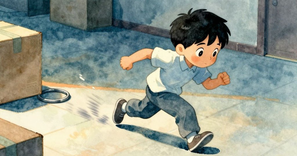 班恩在光滑瓷磚地面上疾跑追趕滾動的金屬圈，動作迅速中帶著張力，周圍環境點綴著箱子與細節。