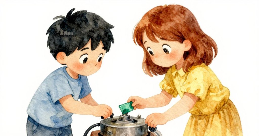 班恩專注地將綠寶石碎片嵌入機械裝置，柯拉靜靜注視著，兩人眼神交流中傳遞默契與安心，燈光柔和。