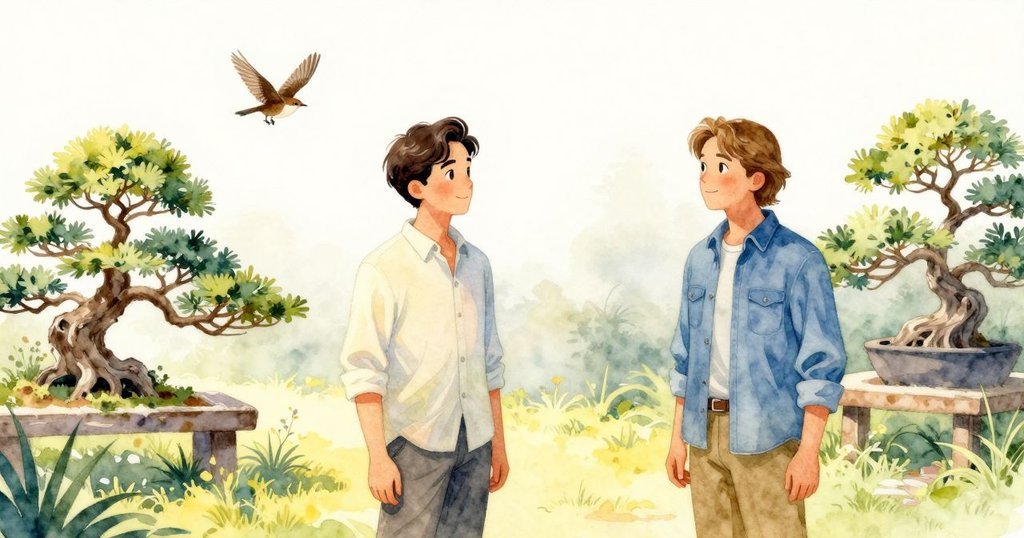 在柔和晨霧中，Heath與Trent在花園看著從楓樹飛下的小鳥，古老的樹幹和盆栽凳子映襯出寧靜氛圍