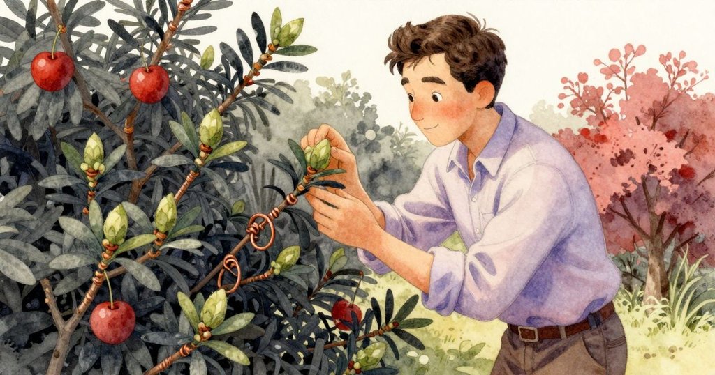 Heath專注檢查樹幹上嫩綠的芽，用手細緻鬆解銅線，樹皮碎片在溫暖光線下清晰可見