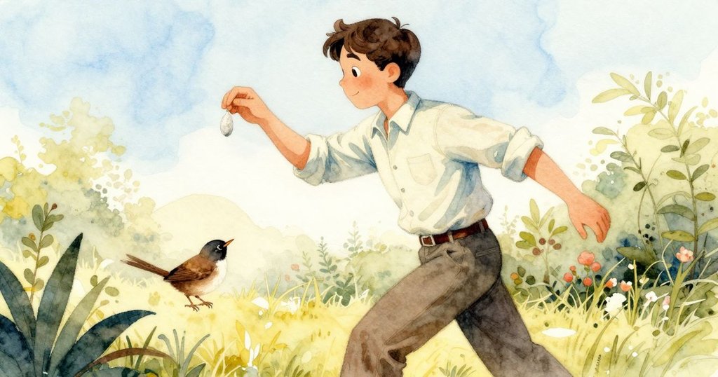 Heath果斷放手，退後讓小鳥奮力搶取繭子，眼中流露平靜接受之情，戶外花園中傳遞和諧