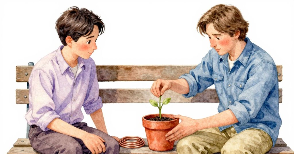 Heath小心轉動陶盆保護嫩芽，銅線安放盆上，Trent溫柔收集剪下線端，雙方流露出滿足微笑，結局平和