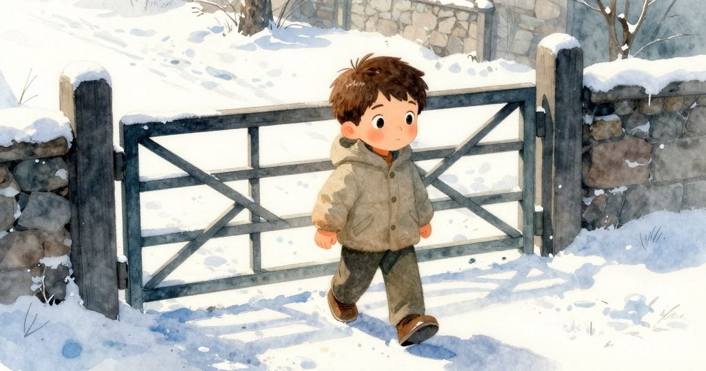 懷亞特穿過傾斜大門沿柔軟小徑前進，背景有解凍池塘與樹木，充滿探索與好奇情緒