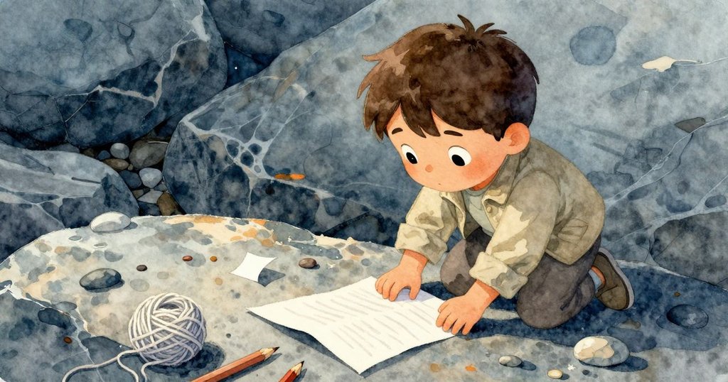 懷亞特將提包中的筆記本、線球、彩色鉛筆及鵝卵石灑落花崗岩岸上，動作細膩展現物品紋理