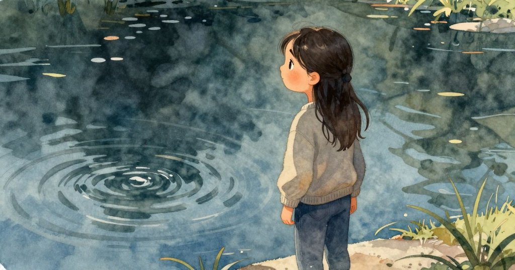 法拉從低角度靜靜注視懷亞特的工作，旁邊池塘波光粼粼，場景充滿寧靜的自然美感