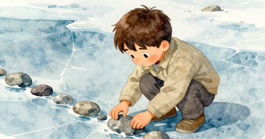 懷亞特蹲在融冰邊緣，小心擺放石子與彩線，展現冬春交替的溫柔轉變