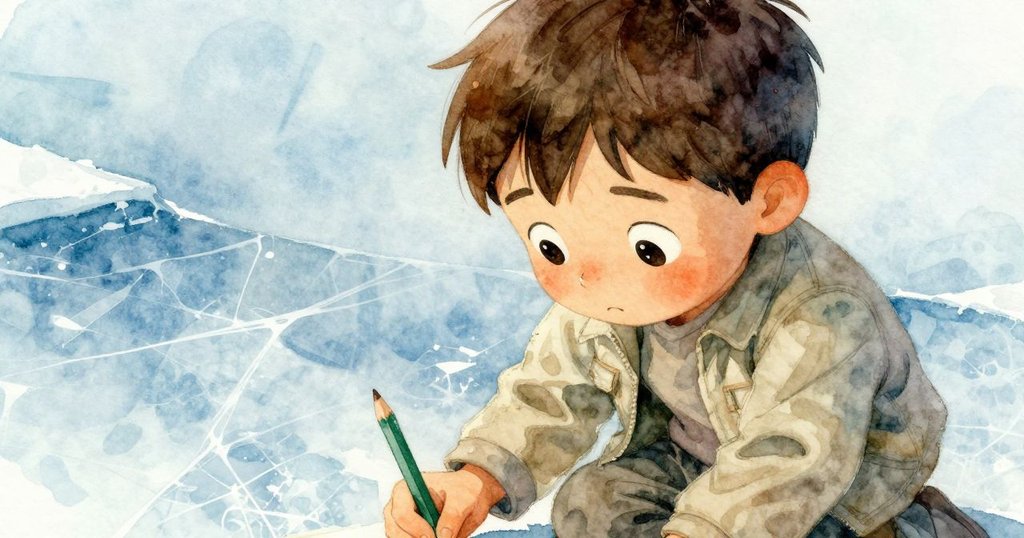 懷亞特停下動作，面露內心矛盾與驚奇，手輕觸冰面裂縫，傳遞出靜謐而深刻的情感