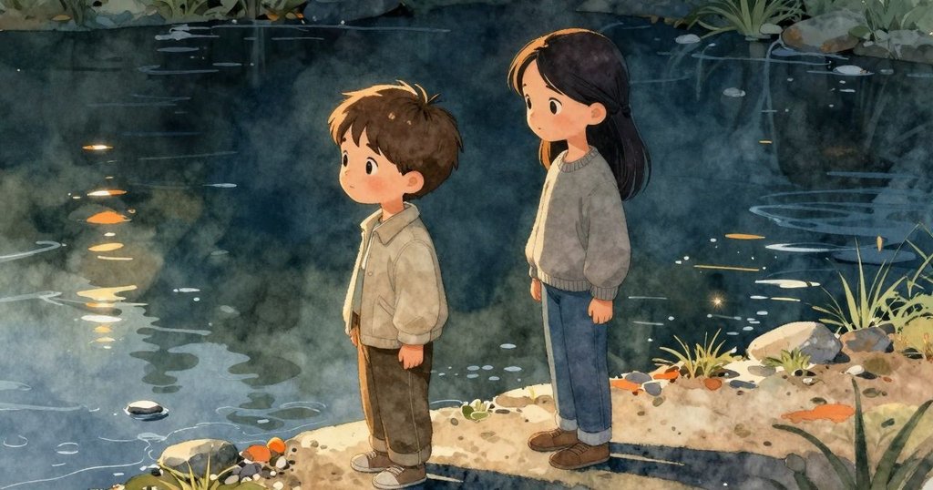 懷亞特與法拉在池塘邊共賞閃光獨石，暖陽湧現，兩人靜觀景致，心境平和且呈續新希望