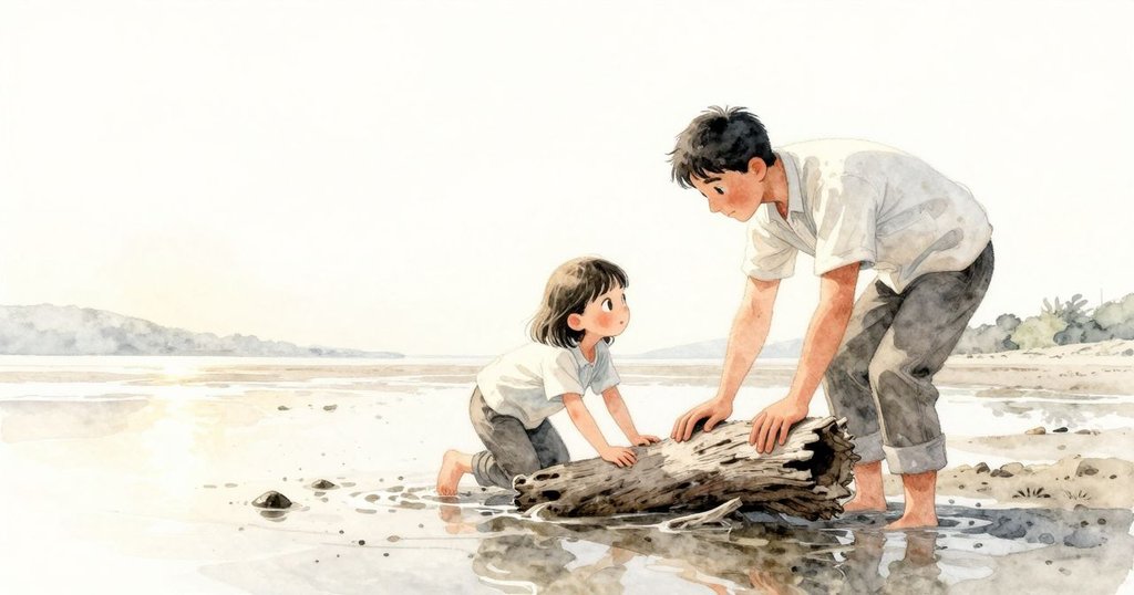 伊文在潮濕沙灘上輕觸海漂木, 清晨微曦中展現平靜與探索, 海浪柔和退去, 氣氛靜謐