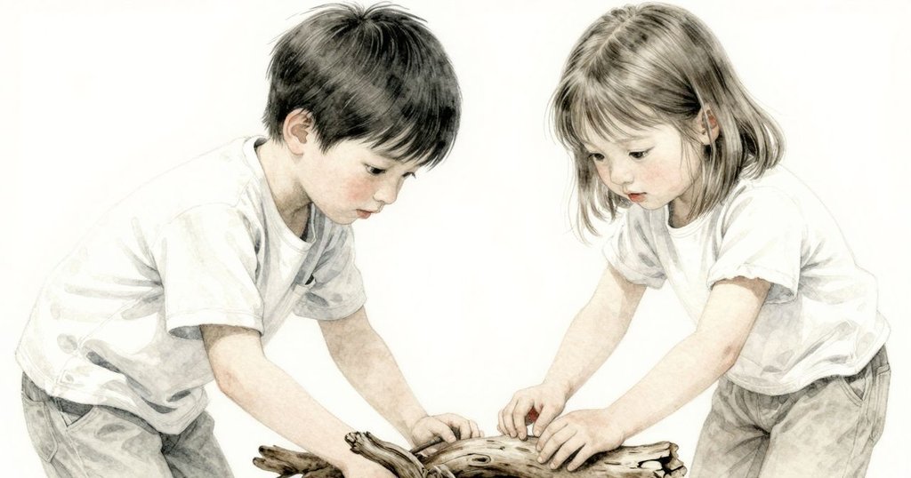 伊文聚精會神地用細枝撬起海漂木, 展現手部動作細節, 柔和晨光中呈現木頭與枝條質感