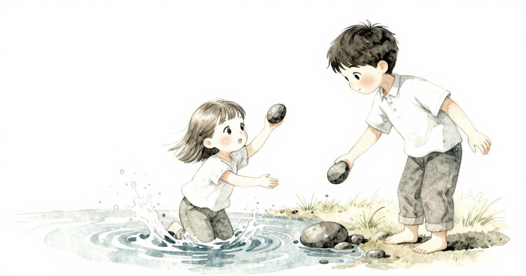 布萊西在淺水池邊輕拋小石, 水花蕩漾映照晨光, 動態場景展現探索與好奇