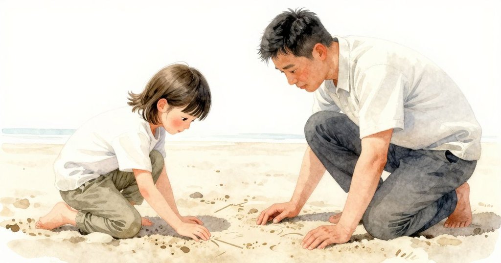 伊文凝視沙上細痕, 神情充滿疑慮與探索, 暖晨光映照出細膩沙紋, 與海邊遼闊景色交融