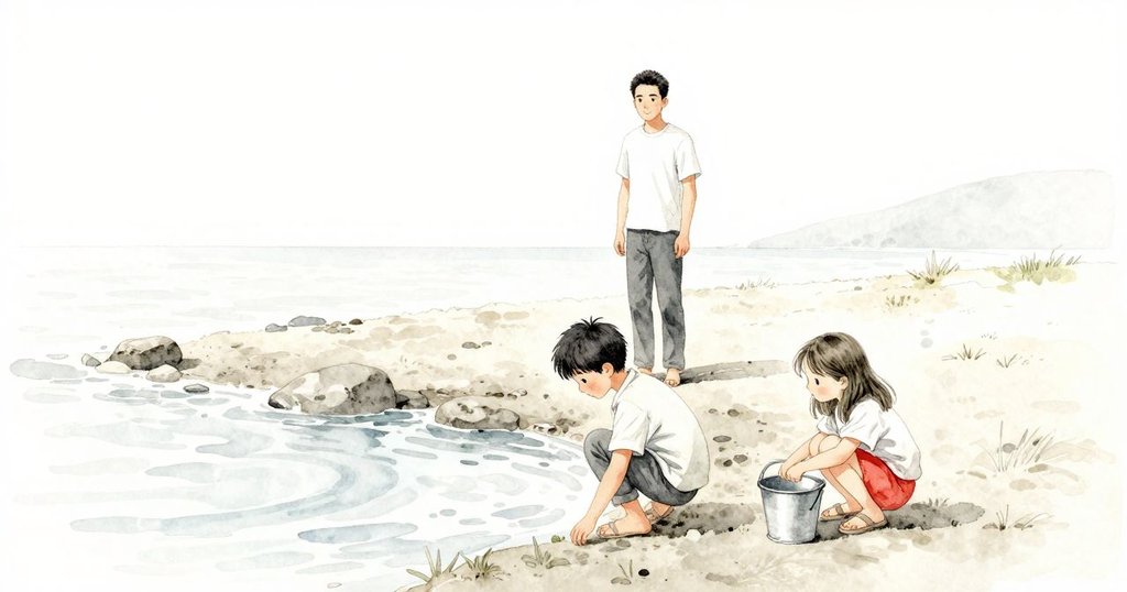 伊文退後靜觀海潮, 布萊西於水潭邊輕彈滴水, 彼此間透露寧靜與和諧, 海邊落日餘韻