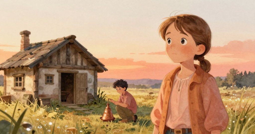 Vita走近山坡小屋，Lyle蹲著操作銅製雨量計，晨光柔和，露水閃爍，背景景色廣闊寧靜