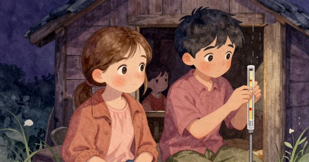 在小木屋內，Lyle專注操作雨量計，Vita在旁靜靜觀看，室內柔和光線營造出靜謐氛圍