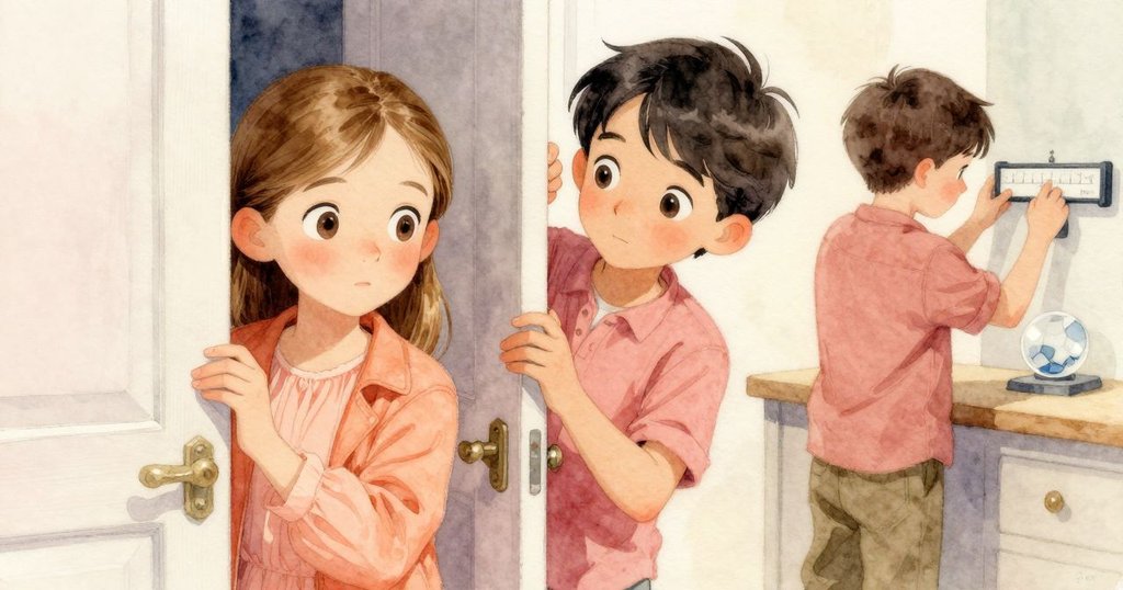 Vita從半開的門縫中好奇偷看，Lyle在背景中調整雨量計，窗邊的陶瓷企鵝靜靜見證實驗