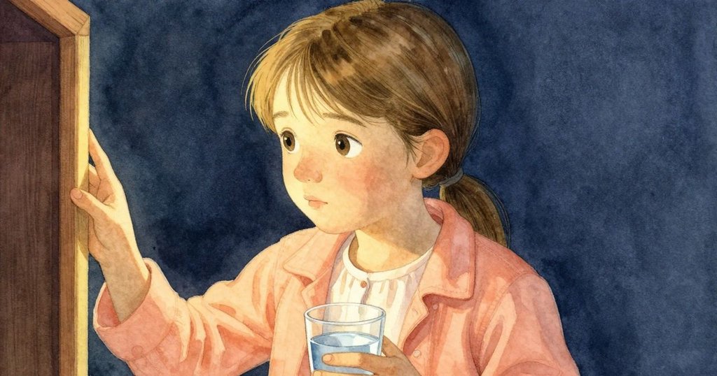 Vita在木屋門框旁輕觸木質紋理，神情沉思準備實驗，室內溫暖光影襯托寧靜氛圍